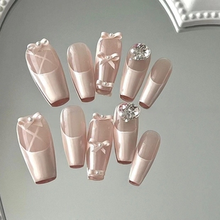 44手工穿戴甲定制可拆卸魔镜粉芭蕾舞鞋 美甲假指甲贴片成品孕妇戴