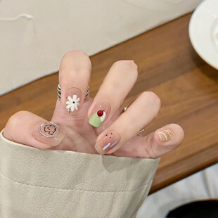 手工定制成品穿戴甲2025新款 显白蜜瓜冰淇淋光疗假指甲贴片孕妇