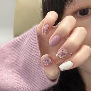 手工定制金丝温柔仙气紫色美甲成品贴片穿戴甲假指甲持久可拆卸