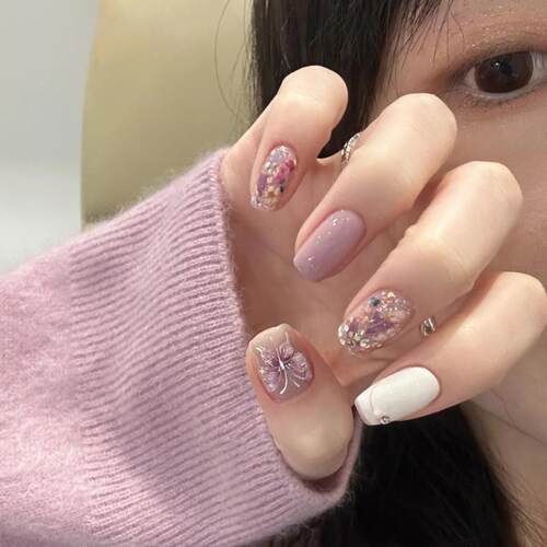 手工定制金丝温柔仙气紫色美甲成品贴片穿戴甲假指甲持久可拆卸