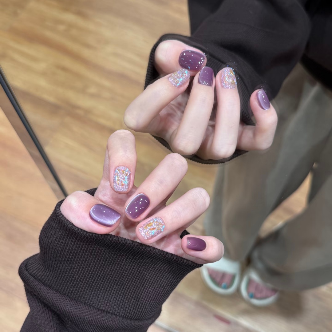 手工定制成品假指甲贴片简约猫眼紫色显白可拆卸美甲穿戴甲孕妇甲