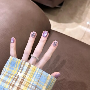 手工定制成品穿戴甲紫色显白短甲2025小众光疗假指甲贴片孕妇新娘