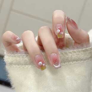 418新款 手绘穿戴甲手工定制成品猫眼腮红显白高级感温柔美甲 短款