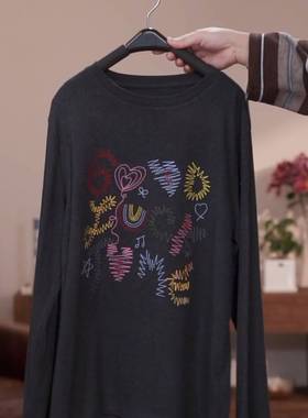 微胖定制【刺绣灰t】印花宽松显瘦长袖T恤女秋季潮流休闲百搭