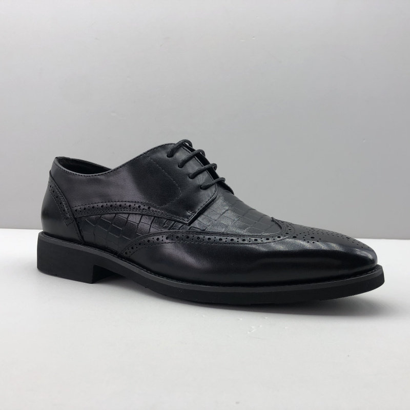 AUTUMN NEW FACTORY DIRECT  COWHIDE MENS SHOES BUSINESS TREND FASHION EMBOSSED FLAT HEEL LACE-UP DRESS LEATHER SHOES BLACK