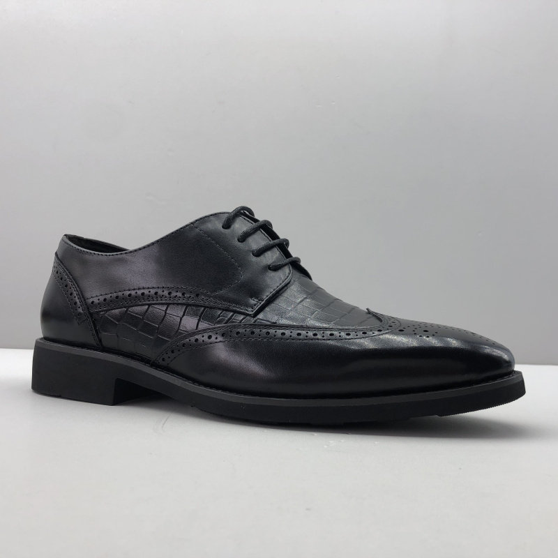 AUTUMN NEW FACTORY DIRECT  COWHIDE MENS SHOES BUSINESS TREND FASHION EMBOSSED FLAT HEEL LACE-UP DRESS LEATHER SHOES BLACK