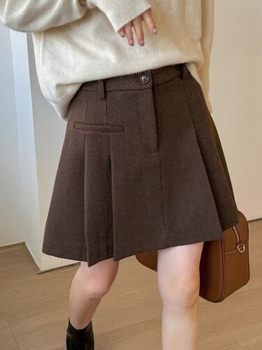 毛呢灰色百褶裙A字裙冬天配毛衣