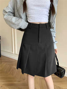 灰色百褶中裙小个子设计感半身裙春夏大码 胖m高腰显瘦学院风A字裙