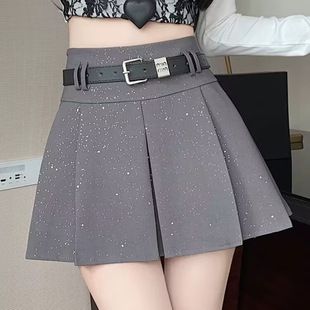 大码灰色亮片百褶半身裙女春夏高腰显瘦防走光a字裙西装短裙半裙