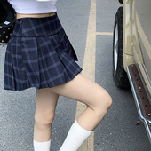 大码 美式 复古蓝格纹百褶半身裙女夏高腰显瘦a字裙胖mm遮胯短裙子