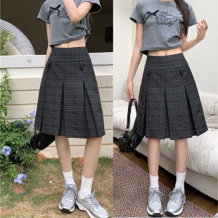 美式 a字短裙高腰学院风小个子半裙 复古格子jk百褶裙半身裙女大码
