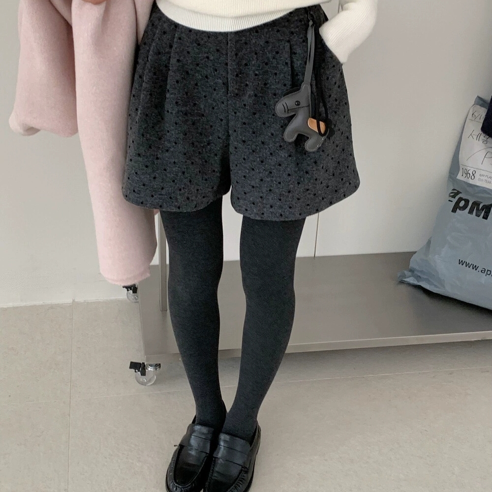 灰色波点毛呢短裤阔腿裤a字靴裤