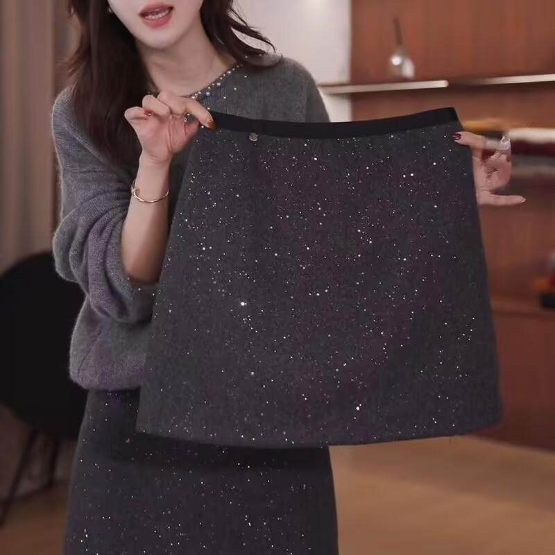 大码微胖mm闪亮片毛呢半身裙秋冬遮肉显瘦包臀裙百搭A字高腰短裙