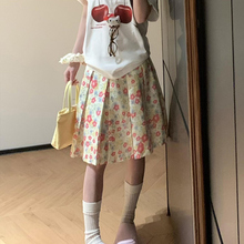 美式复古粉色碎花半身裙女2025夏季新款百搭休闲百褶裙高腰中长裙