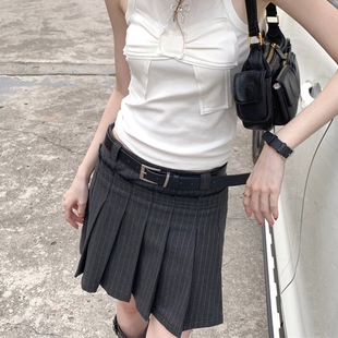 大码灰色条纹百褶裙女夏季高腰学院风西装短裙子防走光a字半身裙
