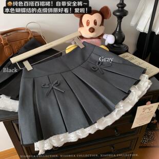 裙子女春夏蕾丝花边灰色半身裙辣妹蝴蝶结防走光蓬蓬百褶a字裙裤