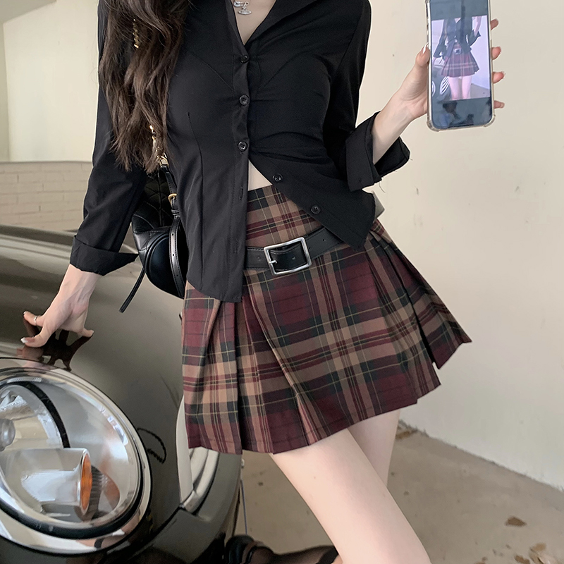 红格子百褶裙女春夏设计感小众辣妹半裙小个子a字裙包臀遮胯短裙