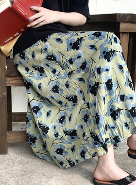 绿色碎花半身裙女夏季a字半裙大码高腰遮胯长裙胖mm宽松雪纺裙子