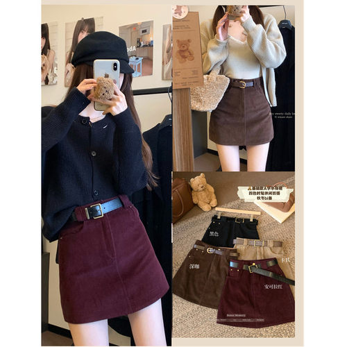 安可拉红灯芯绒半身裙美拉德半裙