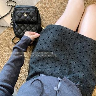 灰色波点毛呢半身裙女冬天小个子高腰显瘦包臀A字裙防走光短裙子