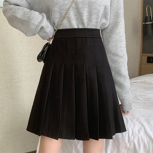 裙 女2021秋冬胖mm高腰半身裙显瘦a字裤 大码 黑色毛呢百褶裙中长款