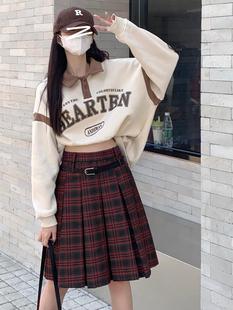 红格子高腰百褶裙半身裙女2022秋冬新款 A字裙伞裙 小众设计中长款