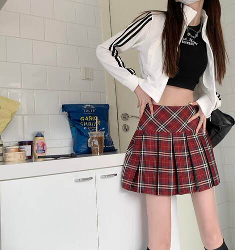 学院风防走光百搭红格子百褶裙子