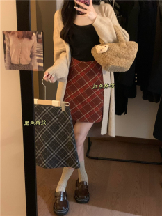 美式复古毛呢红色格子短裙女秋冬大码高腰a字包臀半裙格纹半身裙