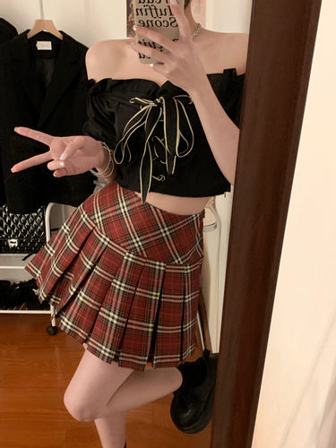 美式复古红色格子百褶裙半身裙女