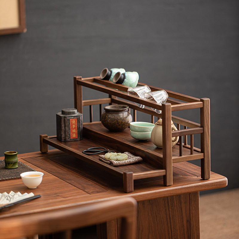 北美黑胡桃原木置物架茶壶茶杯文玩架茶具架茶道架沥水双层架