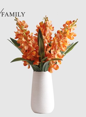 新中式橙色仿真手感千代兰过胶绢布兰花假花家居样板房花艺装饰品