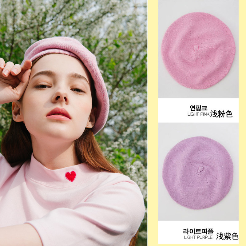 韩国东大门进口正品代购日系少女清新浅粉浅紫色针织画家贝雷帽