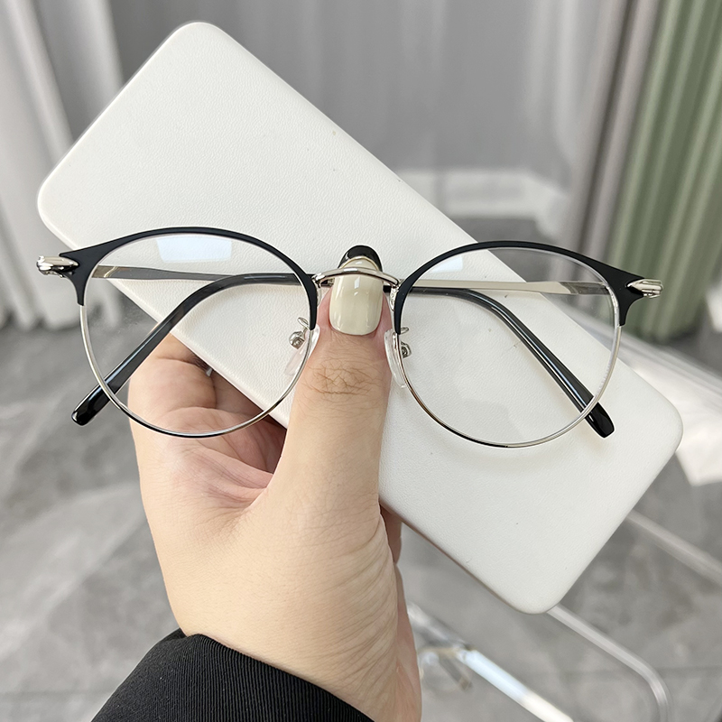 网红同款眼镜近视女可配度数金属小框椭圆半框眼镜框架男时尚百搭