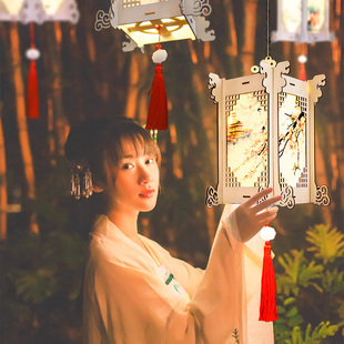 灯笼2024新款儿童手提灯笼手工diy材料中式古风方形发光花灯宫灯