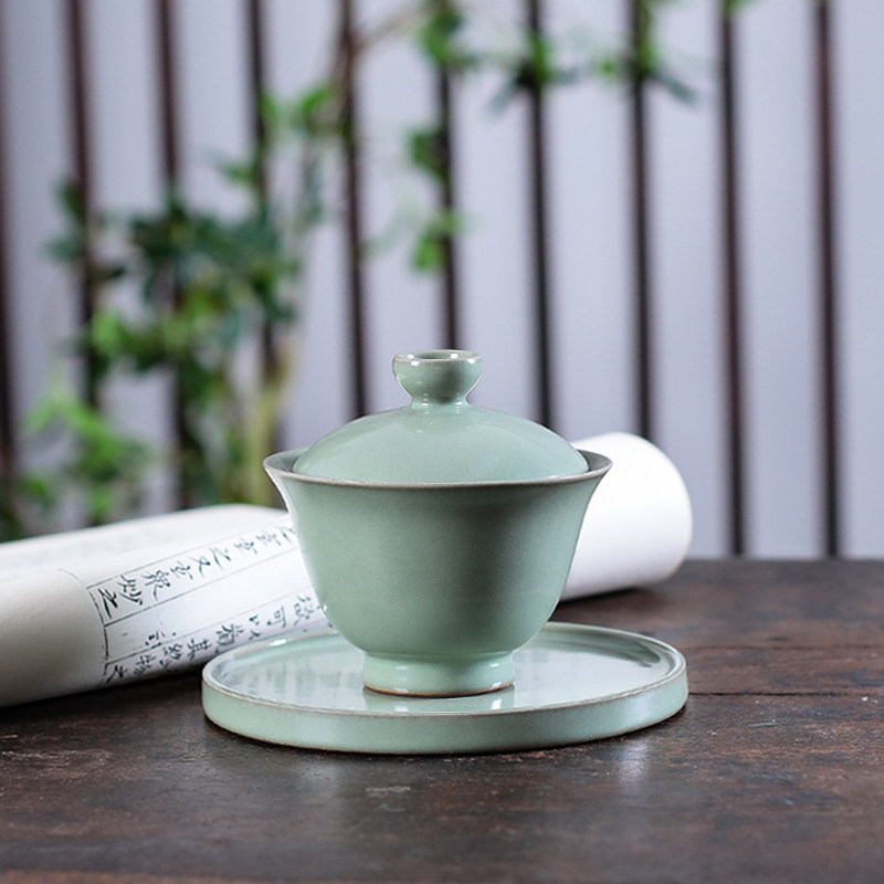 茶室陶瓷盖碗弟窑雾青家用泡茶杯茶具功夫茶具手抓泡茶碗三才盖碗