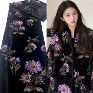 海棠花刺绣丝绒布料新中式重工花卉绣花马甲旗袍上衣服装面料爆款