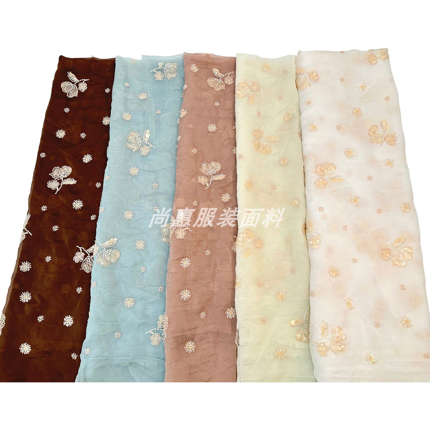 春夏爆款欧根纱新中式花卉面料珠子亮片刺绣布料连衣裙马甲面料