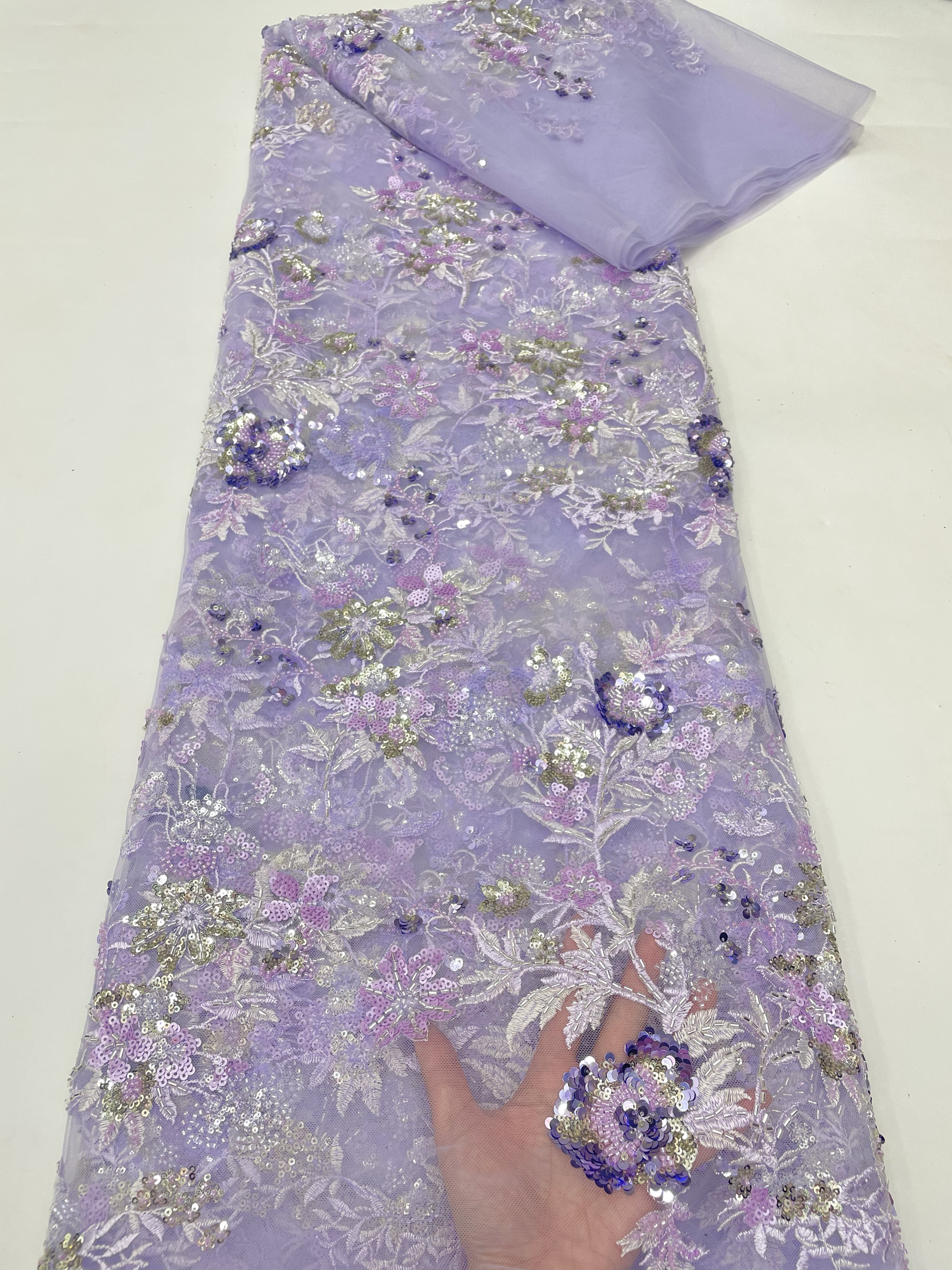 新款多色珠管绣网纱满幅水钻珠管绣花网纱婚纱礼服刺绣服装面料1Y