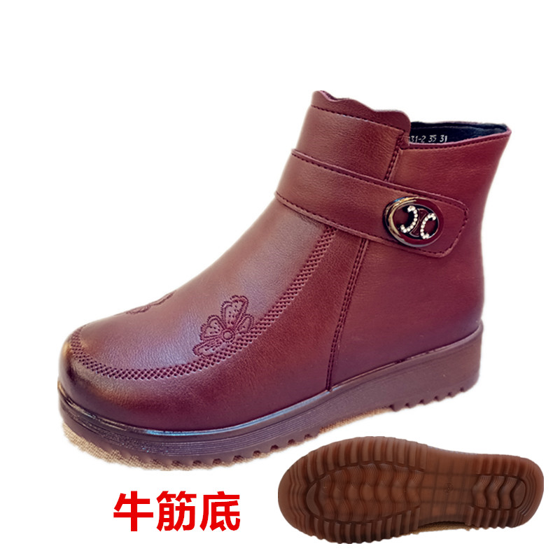 女棉鞋2023新款秋冬季真皮妈妈皮鞋中老年人舒适软底防滑短靴加绒