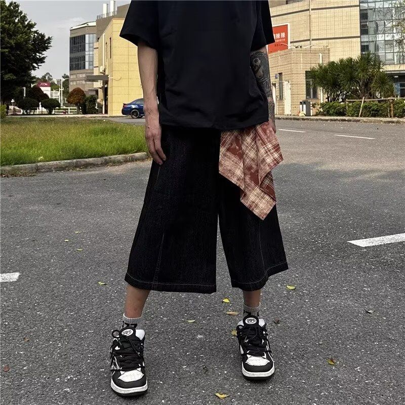 美式可拆卸方巾七分牛仔裤女夏季宽松直筒阔腿显瘦休闲短裤
