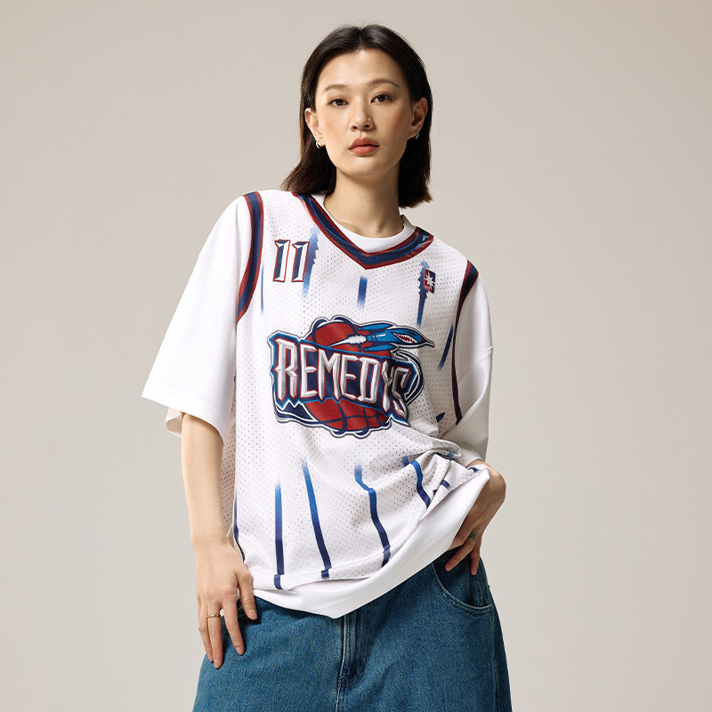 Remedy 火箭队姚明国潮数码印花上衣夏季美式街头假两件短袖T恤男图片