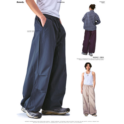 Remedy 国潮褶皱宽松直筒运动伞兵裤美式潮牌抽绳阔腿休闲裤男女