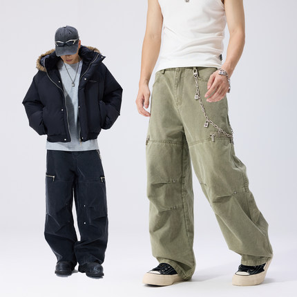 Remedy水洗做旧复古阔腿工装裤男女美式潮牌宽松直筒褶皱休闲长裤