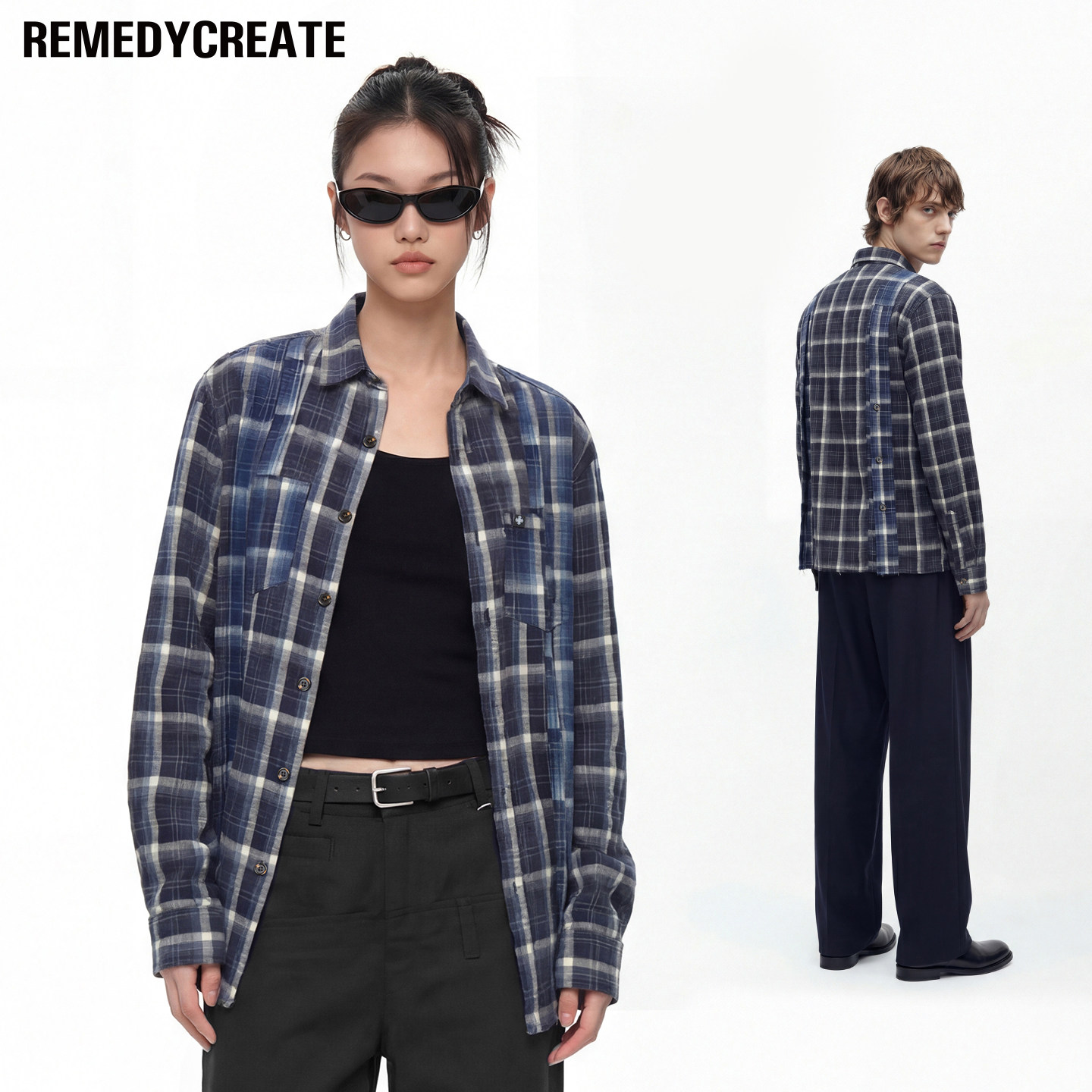 Remedy 春季新款拼接长袖格子衬衫男女美式街头潮牌宽松衬衣外套