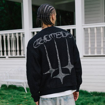 Remedy国潮秋冬款丝瓜瓤宽松圆领针织衫美式街头潮牌情侣毛衣男女