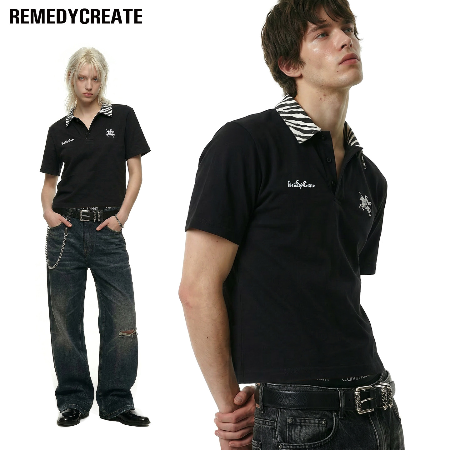 Remedy 斑马纹正肩修身POLO衫男女夏季刺绣紧身skinny短袖T恤上衣