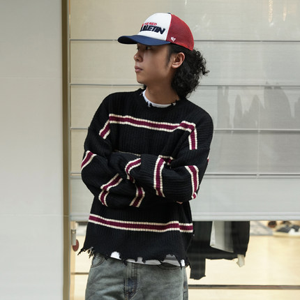 Remedy 美式街头潮牌条纹破坏针织衫秋冬款国潮宽松情侣毛衣男女