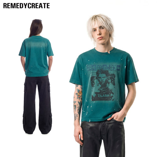 Remedy boxy版型水洗做旧短袖T恤男女美式街头潮牌人像体恤上衣