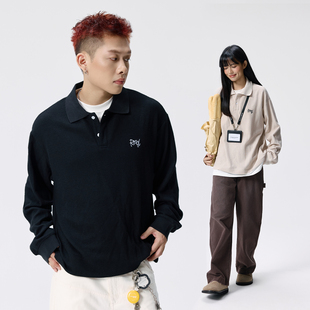新款 T恤男女秋季 潮牌宽松POLO领上衣 华夫格刺绣假两件长袖 Remedy