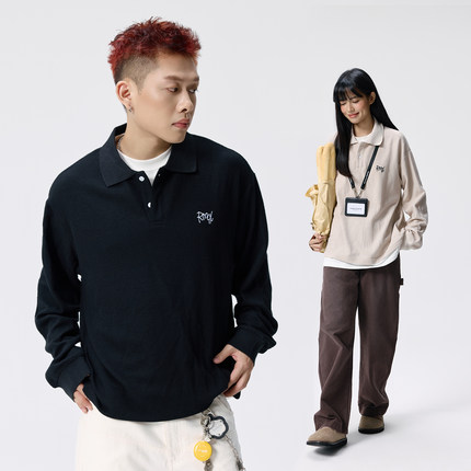Remedy 华夫格刺绣假两件长袖T恤男女秋季新款潮牌宽松POLO领上衣
